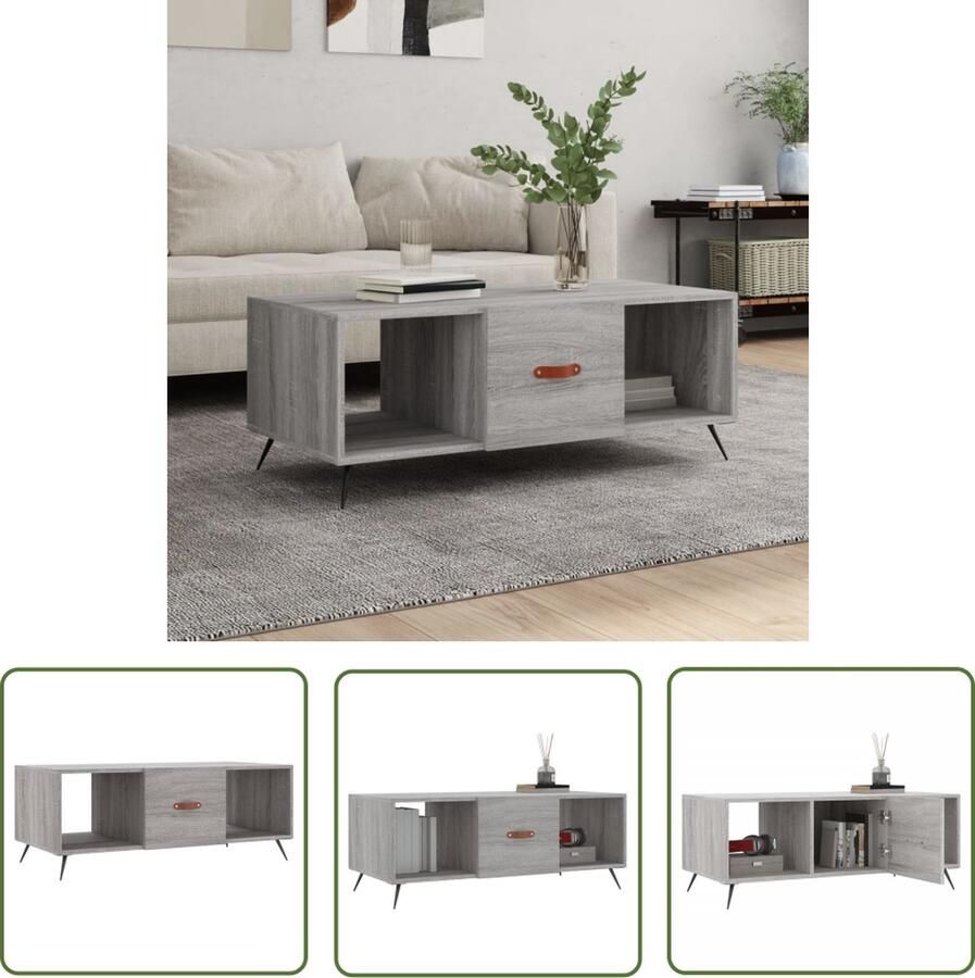 The Living Store Salontafel Grijs Sonoma Eiken 102 x 50 x 40 cm Bewerkt hout en ijzer Met opbergruimte Salontafel Houten Salontafel Grijze Salontafel Met Opbergruimte Bijzettafel