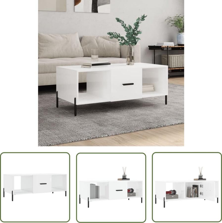 The Living Store Salontafel Hoogglans Wit 102 x 50 x 40 cm 3 vakken Bewerkt hout en ijzer Salontafel Houten Salontafel Witte Salontafel Met Lade Salontafel Met Opbergvak