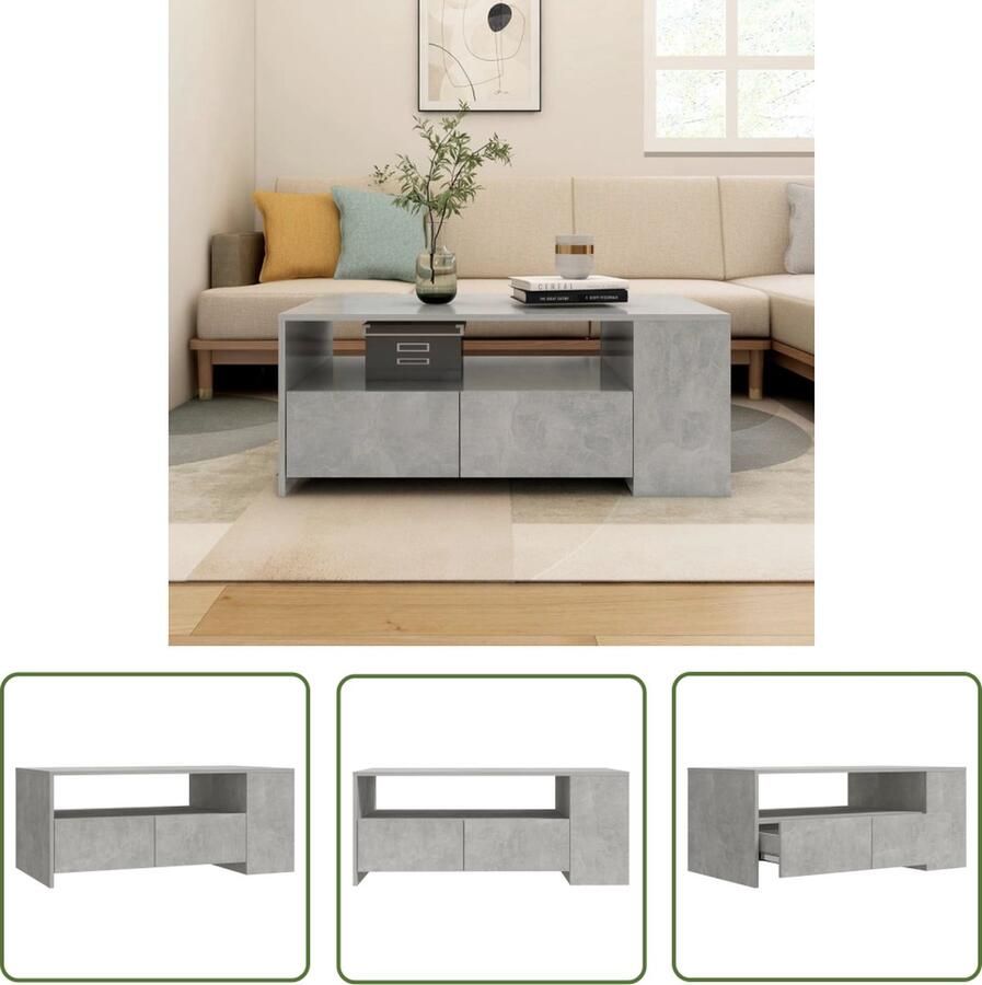 The Living Store Salontafel Betongrijs 102x55x42 cm met opbergruimte multifunctioneel bewerkt hout Salontafel Houten Salontafel Beton Grijze Salontafel Met Opbergruimte Multifunctionele Salontafel - Foto 2
