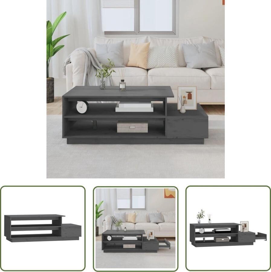 The Living Store Salontafel Massief grenenhout 120 x 50 x 40.5 cm Grijs Salontafel Houten Salontafel Grenenhout Salontafel Grijze Salontafel Met Opbergvakken - Foto 2