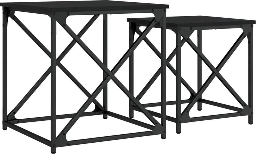 The Living Store 2-delige Tafeltjesset bewerkt hout zwart Salontafel Industrieel Houten Salontafel Bijzettafels Tv Stand