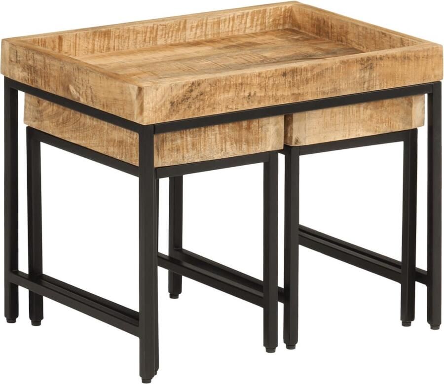 The Living Store 3-delige Salontafelset massief ruw mangohout en ijzer Salontafels Nesttafels Mangohouten Meubilair Houten Tafels Bijzettafels