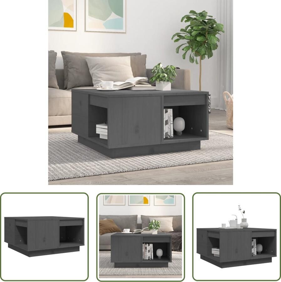The Living Store Salontafel Houten Grijs 60x61x32.5cm Massief grenenhout Salontafel Houten Salontafel Grenenhout Salontafel Grijze Salontafel 60x61cm - Foto 2