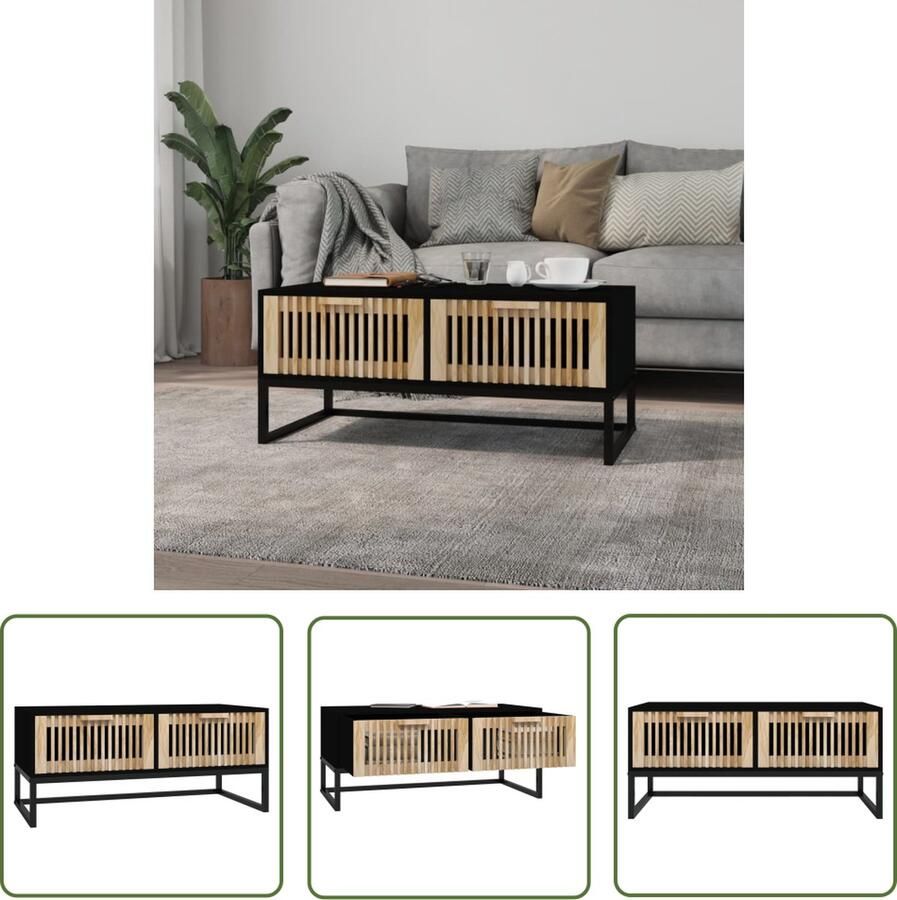 The Living Store Salontafel Zwart Hout 80x40x35 cm Met 2 lades Stevig blad Metalen poten Salontafel Houten Salontafel Zwarte Salontafel Met Lade Bijzettafel
