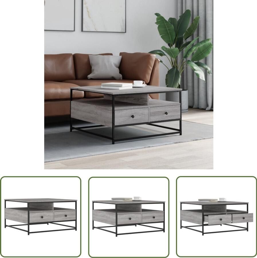 The Living Store Salontafel 80x80x45 cm bewerkt hout grijs sonoma Salontafel Houten Salontafel Grijze Salontafel Met Lade Tv Tafeltje