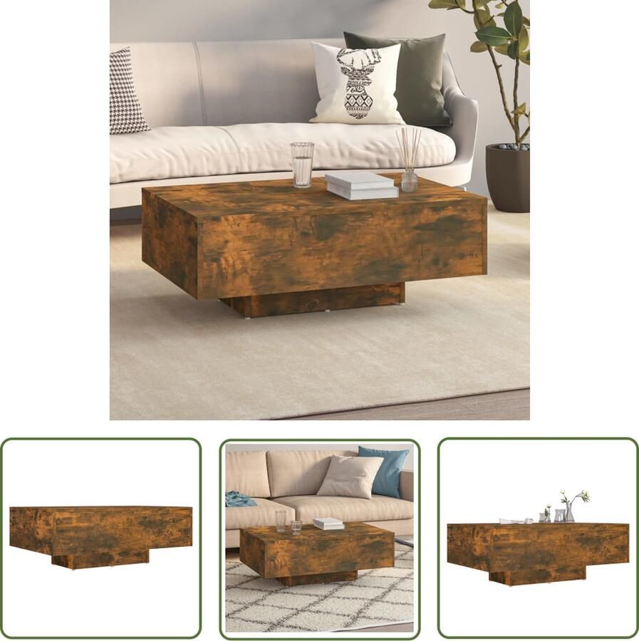 The Living Store Salontafel 85x55x31 cm bewerkt hout gerookt eikenkleurig Salontafel Houten Salontafel Bruine Salontafel Modern Design Industriële Salontafel - Foto 2