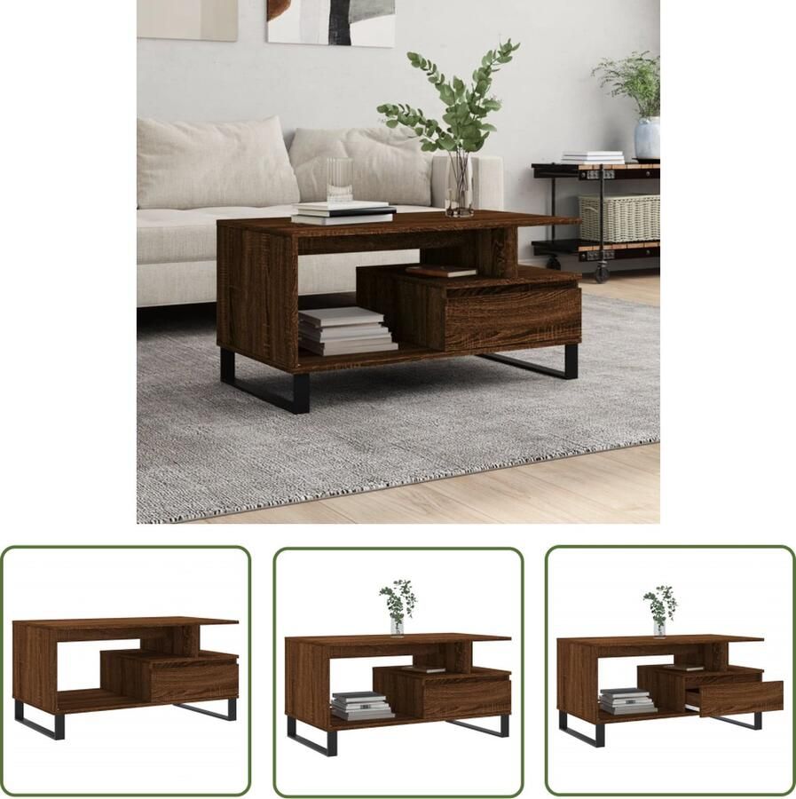 The Living Store Salontafel Bruineiken 90x49x45 cm Met lade en metalen poten Salontafel Houten Salontafel Bruine Meubels Bruine Eiken Salontafel Modern Tafellamp