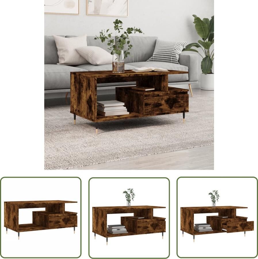 The Living Store Salontafel Gerookt eiken 90x49x45 cm Met lade Stevig tafelblad Metalen poten Salontafel Houten Salontafel Gerookte Eiken Salontafel Met Lade Modern Design