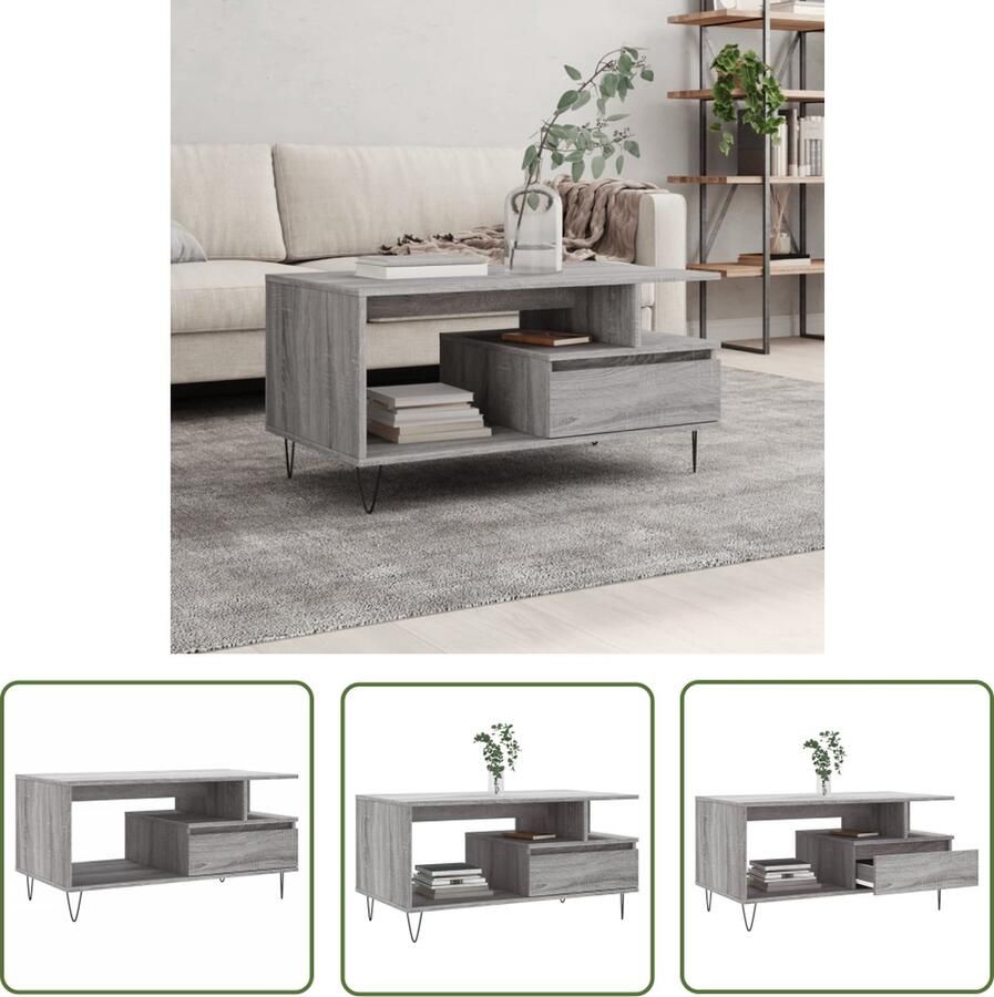 The Living Store Salontafel Trendy bewerkt hout Voldoende opbergruimte Stevig tafelblad Metalen poten Salontafel Houten Salontafel Grijze Salontafel Trendige Salontafel Met Lade