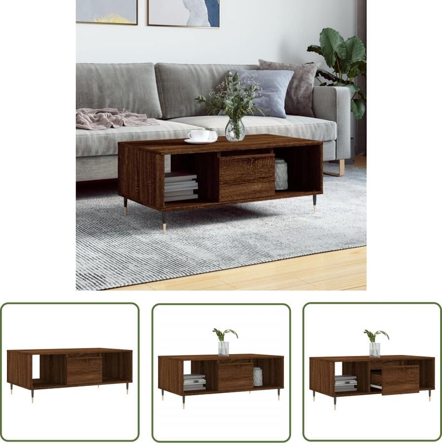 The Living Store Bruineiken Salontafel 90 x 50 x 36.5 cm Bewerkt hout en metaal Salontafel Houten Salontafel Bruine Eiken Salontafel Salontafeltje Bijzettafel