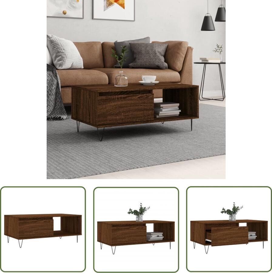 The Living Store Salontafel Bruineiken Bewerkt Hout en Metaal 90 x 50 x 36.5 cm Lade en Vak Salontafel Houten Salontafel Bruine Eiken Salontafel Bijzettafel Tv Tafeltje