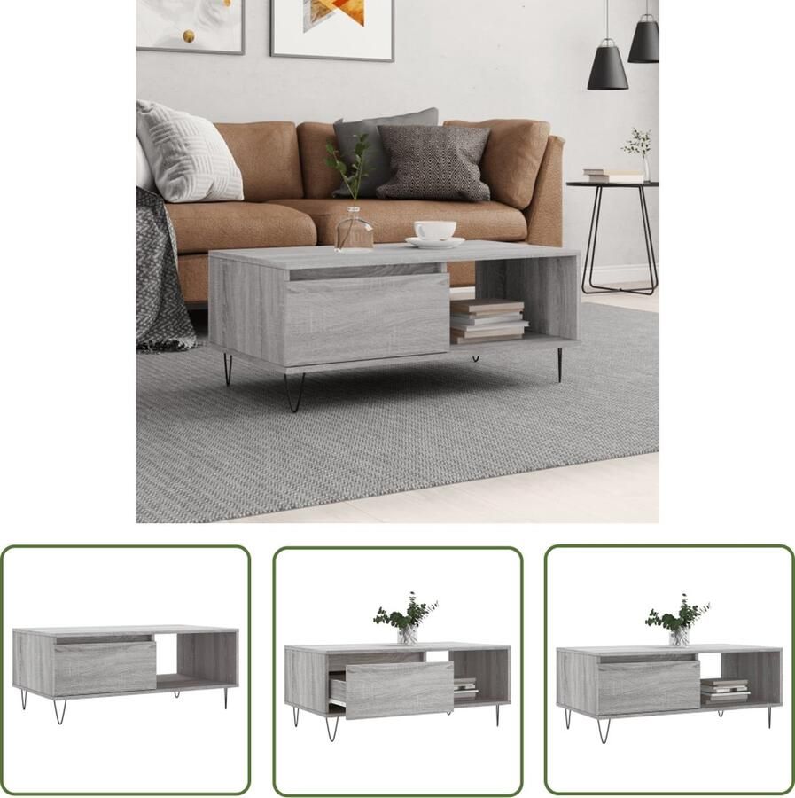 The Living Store Salontafel Grijs Bewerkt hout 90 x 50 x 36.5 cm Met lade en opbergruimte Salontafel Houten Salontafel Grijze Salontafel Met Lade Bijzettafel