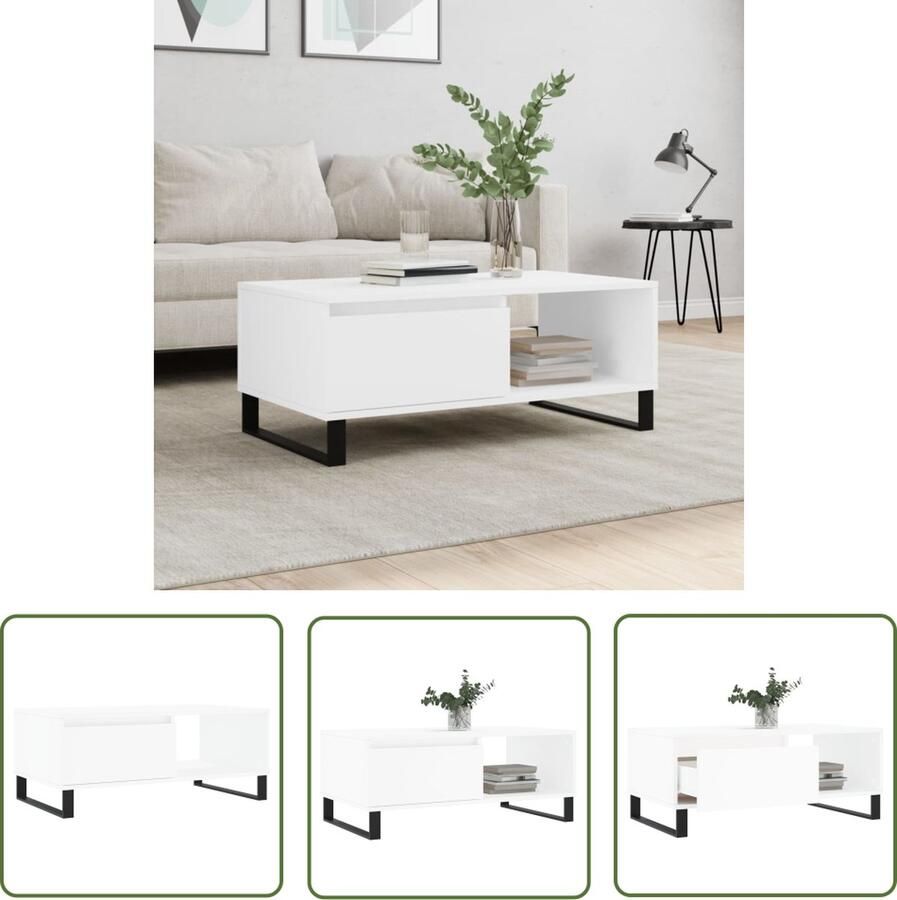 The Living Store Salontafel N Houten bijzettafel met lade en opbergruimte 90x50x36.5cm Wit Salontafel Houten Salontafel Wit Meubilair Bijzettafel Salontafeltje