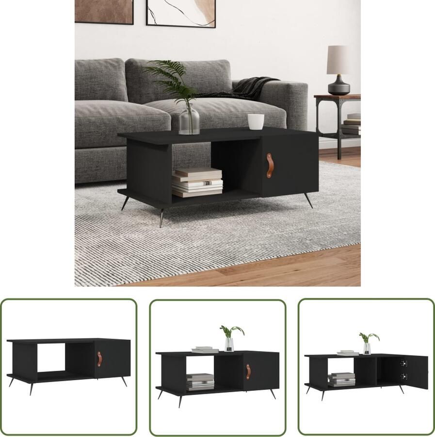 The Living Store Salontafel Zwart 90 x 50 x 40 cm Bewerkt hout en ijzer Salontafel Zwarte Salontafel Houten Salontafel Metalen Salontafel Bijzettafel - Foto 3