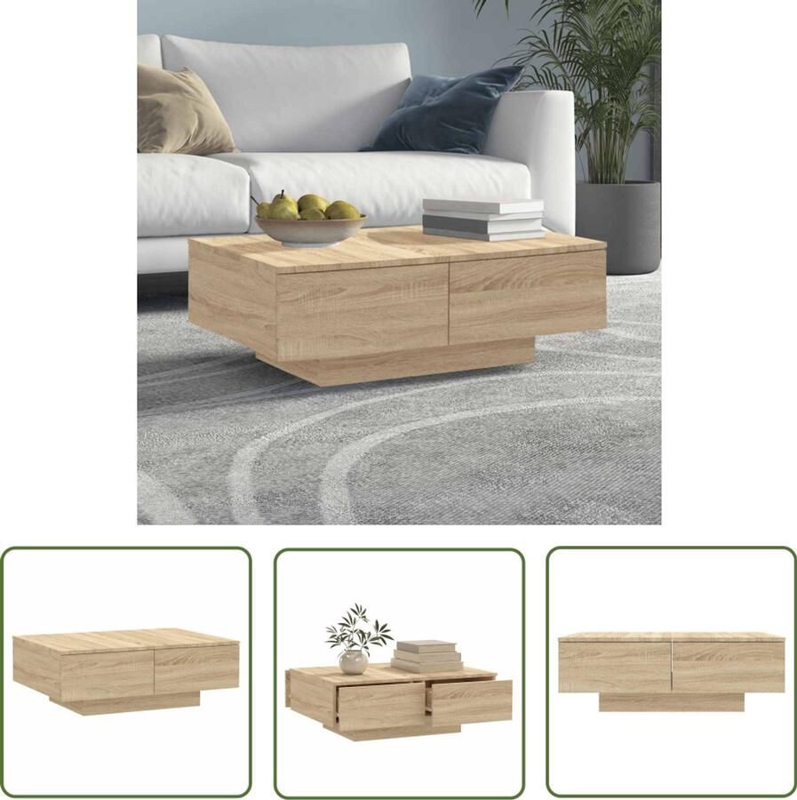 The Living Store Salontafel 90x60x31 cm bewerkt hout sonoma eikenkleurig Salontafel Houten Salontafel Sonomaeiken Salontafel Spaanplaat Salontafel Kleine Salontafel - Foto 2