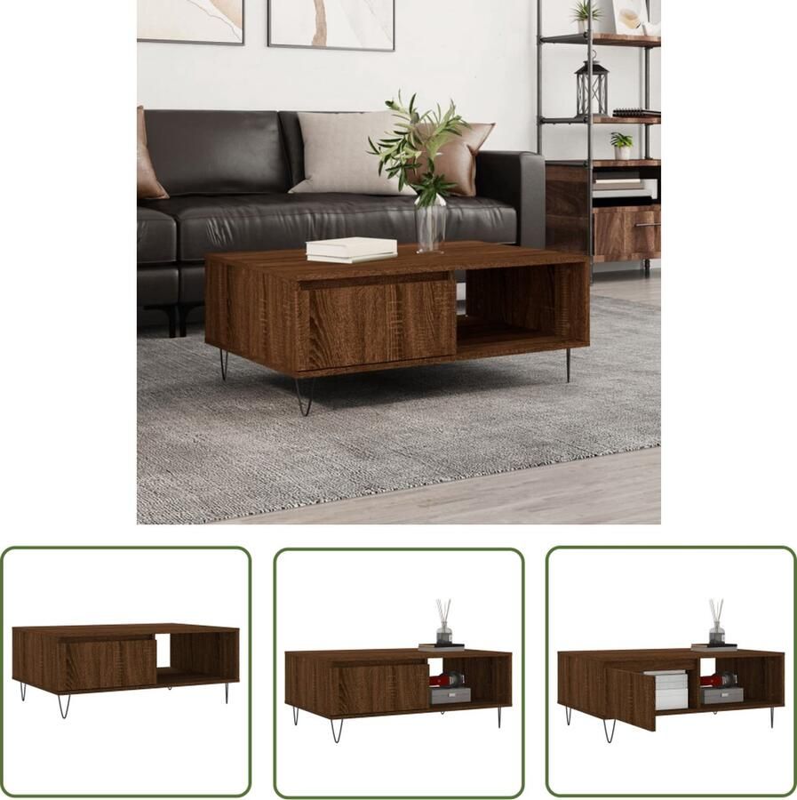 The Living Store Salontafel Bruineiken Materiaal- Bewerkt hout en ijzer Afmetingen- 90x60x35 cm Voldoende opbergruimte Stevig tafelblad IJzeren poten Salontafel Houten Salontafel Bruine Eiken Salontafel Bijzettafel Tv Tafellaar