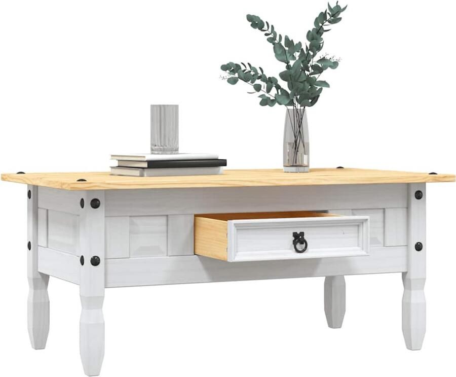 The Living Store Houten salontafel Corona-stijl 100 x 60 x 45 cm wit bruin met lade Salontafel Corona Stijl Houten Salontafel Mexico Grenshouth Salontafel Vintage Salontafel - Foto 2