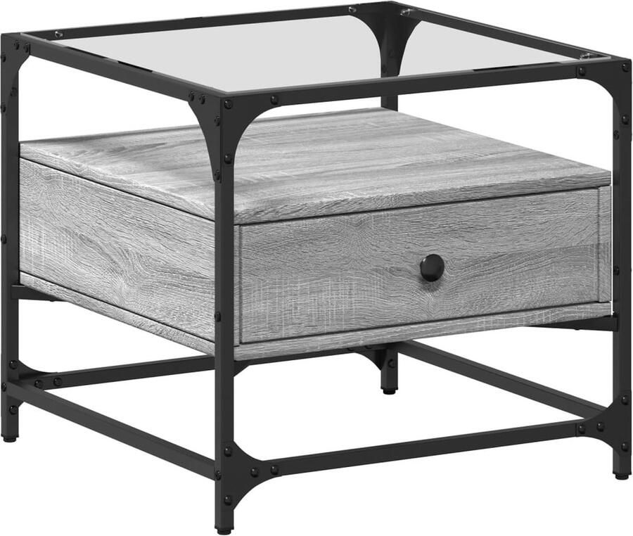 The Living Store Salontafel met glazen blad 50x50x45 cm staal Salontafel Eiken Meubilair Grijze Salontafel Houten Salontafel Tv Tafels