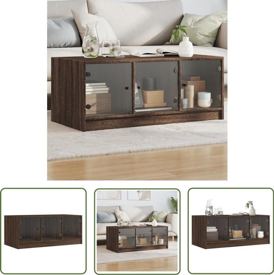 VidaXL Salontafel met glazen deuren 102x50x42 cm bruin eikenkleur Salontafel Houten Salontafel Bruine Salontafel Met Lade Opbergtafel