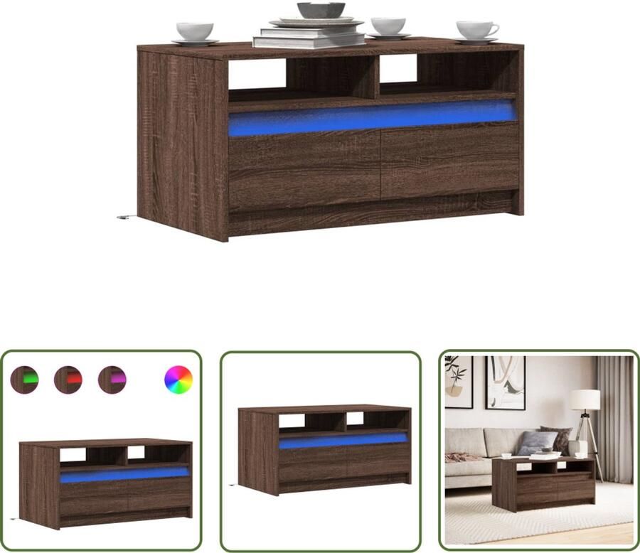 VidaXL Salontafel met LED-verlichting bewerkt hout bruin eikenkleur Salontafel Houten Salontafel Led Salontafel Tv Tafellaar Koffietafel