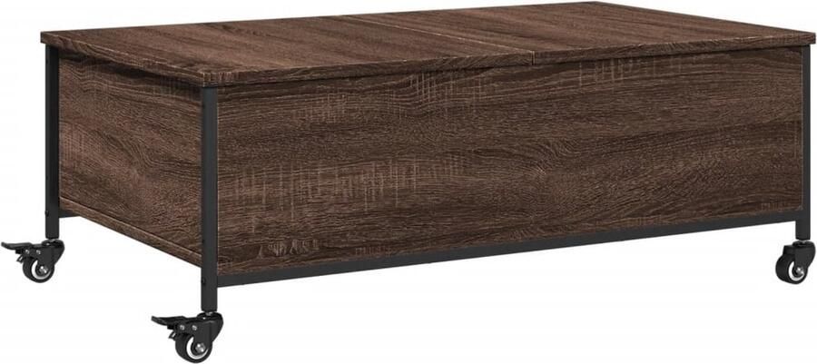 The Living Store Salontafel met wielen 91x55x34 cm bewerkt hout bruin eikenkleur Salontafel Bijzettafel Houten Salontafel Bewerkt Hout Salontafels Met Wielen