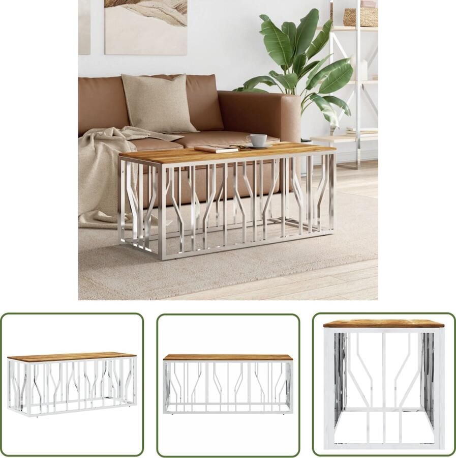 The Living Store Salontafel roestvrij staal en massief acaciahout zilverkleurig Salontafel Houten Salontafel Acacia Salontafel Roestvrijstalen Salontafel Moderne Salontafel