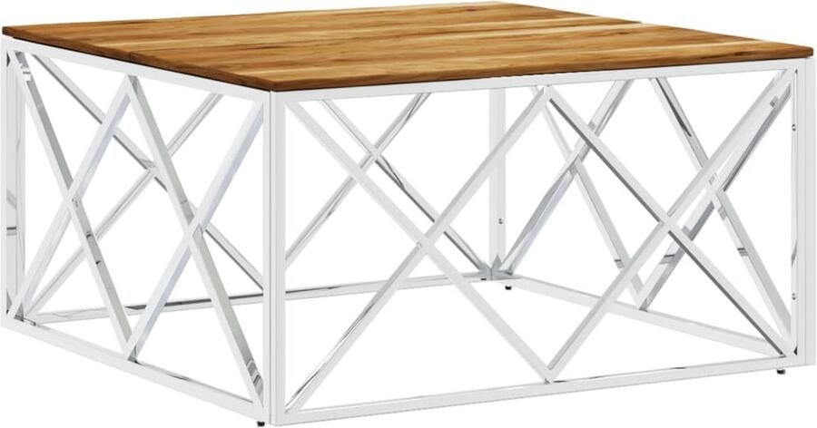 The Living Store Salontafel Massief Acaciahout Roestvrij Staal 80 x 80 x 40 cm Zilver Salontafel Houten Salontafel Acacia Tafellaar Roestvrijstaalsalontafel Salontafel Grijs