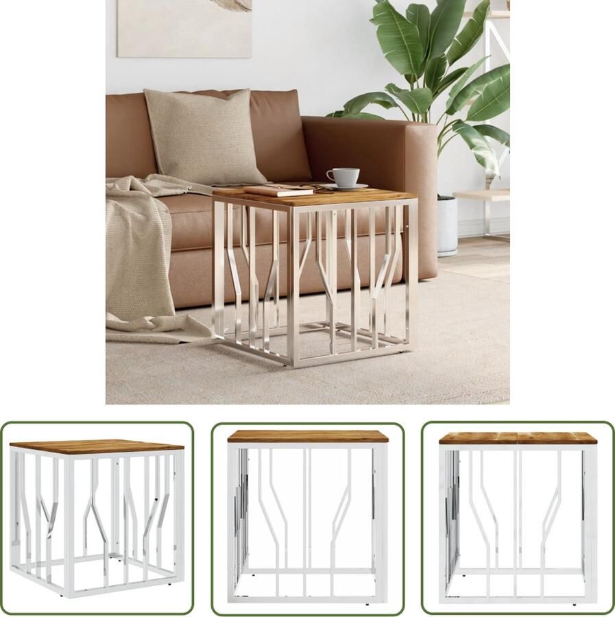 The Living Store Salontafel Modern 50 x 50 x 50 cm Roestvrij staal en acaciahout Salontafel Houten Salontafel Roestvrijstalen Salontafel Acacia Tafellaar Moderne Salontafel