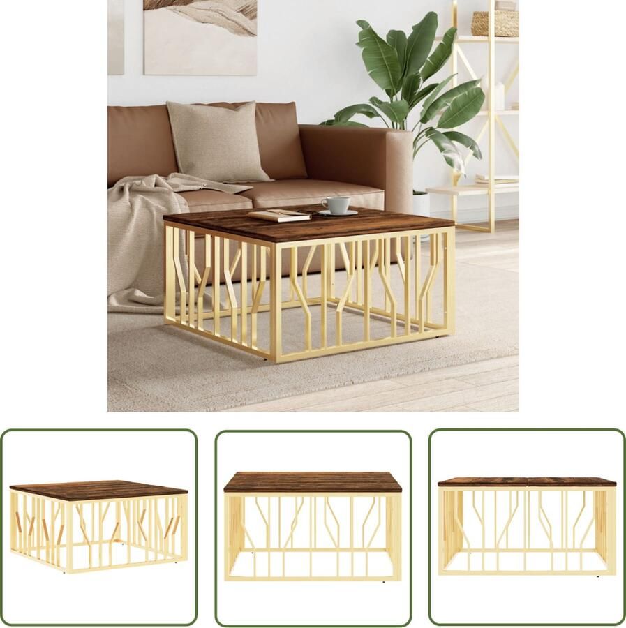 The Living Store Salontafel Massief gerecycled hout 80 x 80 x 40 cm Roestvrij staal Goud Salontafel Houten Salontafel Vintage Salontafel Industriële Salontafel Roestvrijstaalsalontafel