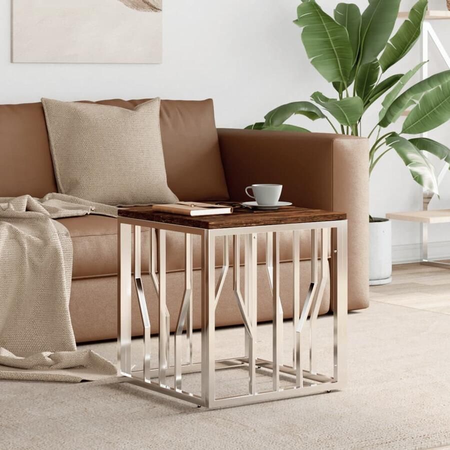 The Living Store Salontafel Recycled Hout 50 x 50 x 50 cm Modern Ontwerp Zilver Frame Salontafel Houten Salontafel Vintage Salontafel Industriële Salontafel Recycled Meubilair