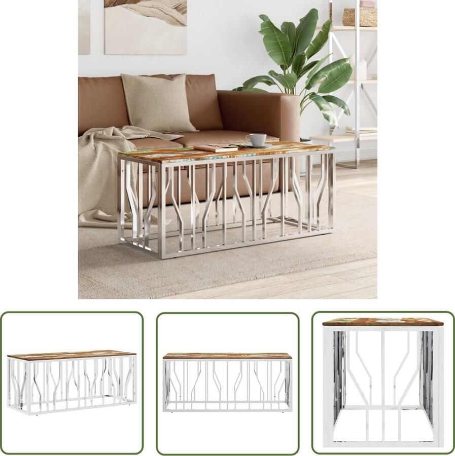 The Living Store Salontafel Massief gerecycled hout 110 x 45 x 45 cm Zilver frame Salontafel Houten Salontafel Vintage Salontafel Industriële Salontafel Recyclet Meubilair
