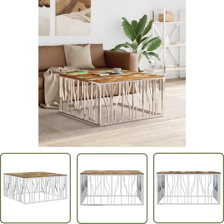 The Living Store Salon tafel Massief gerecycled hout 100 x 100 x 50 cm Zilver Vlekbestendig Salontafel Houten Salontafel Vintage Salontafel Industriële Salontafel Recycled Wood Furniture