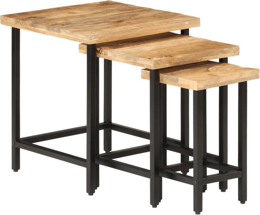 VidaXL Houten Salontafel Salontafelset 3-delige Salontafelset massief ruw mangohout en ijzer Industrieel Salontafel Mango Wood Salontafeltjes