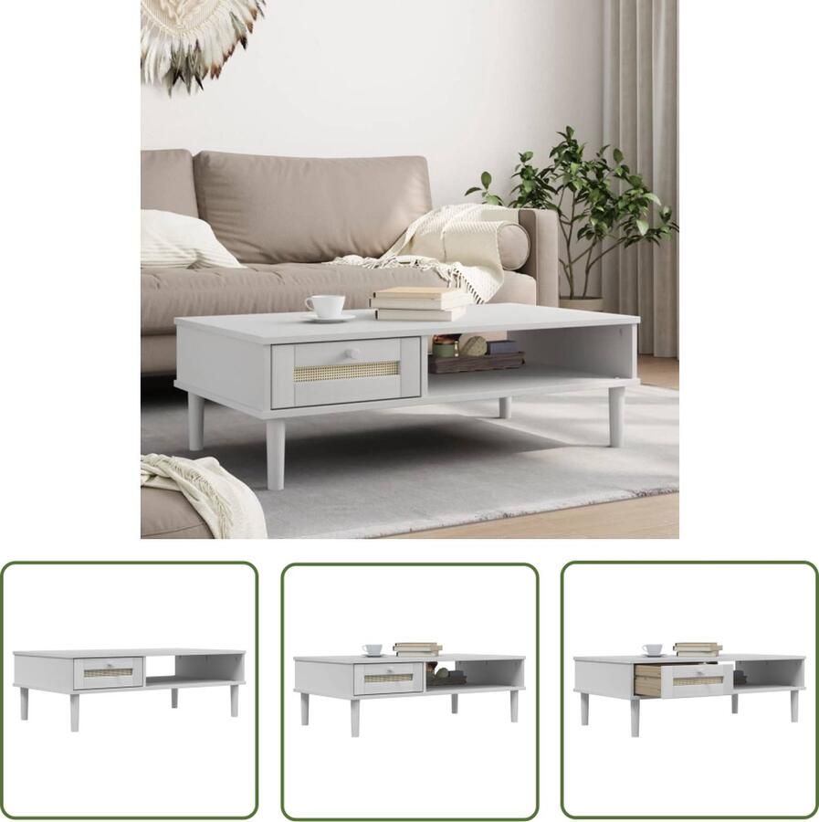 The Living Store SENJA Salontafel 100 x 55 x 33 cm Massief grenenhout UV-vernis Met lade Salontafel Houten Salontafel Witte Salontafel Met Lade Design Salontafel