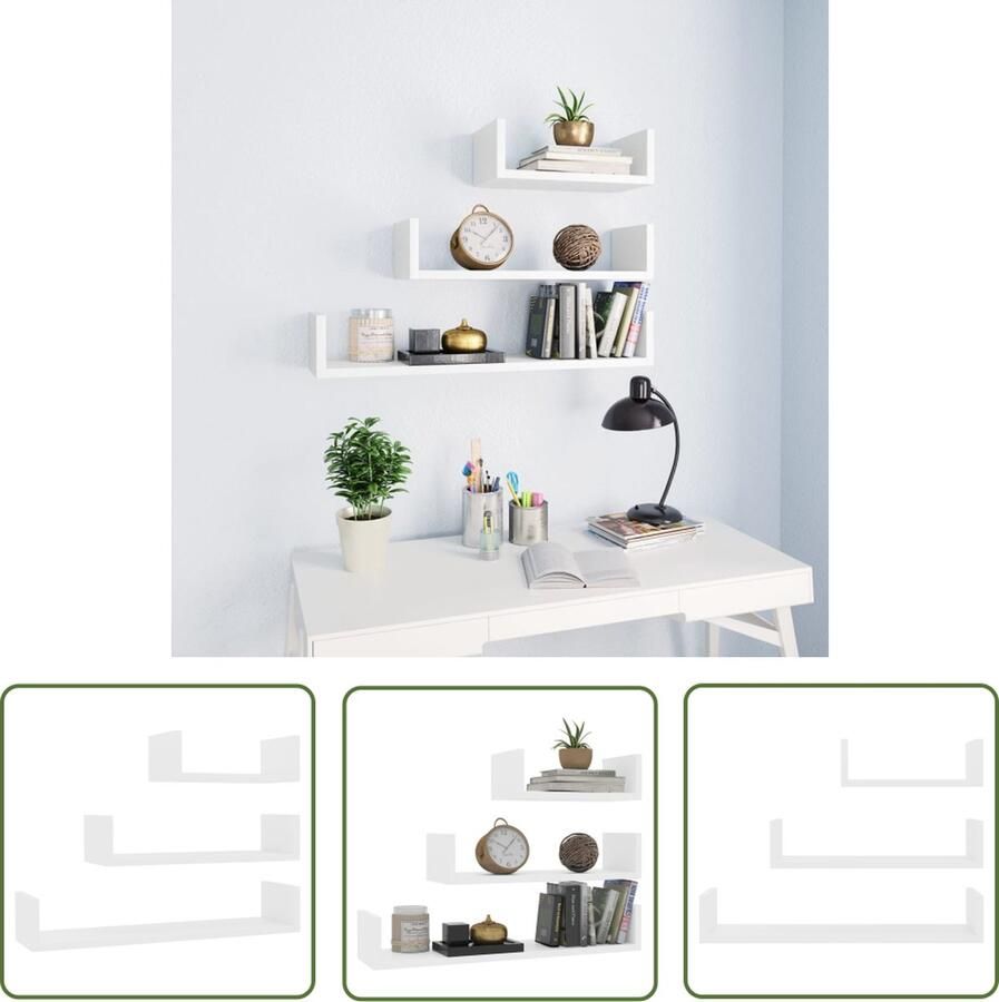 The Living Store Wandschappen 3 st bewerkt hout wit Houtenschapjes Wandplanken Opbergplank Decoratieve Plank Witte Schappen