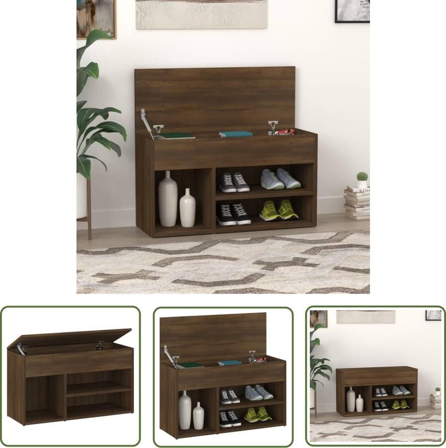 The Living Store Schoenenbank Bruineiken 80 x 30 x 45 cm Praktisch bewerkt hout Voldoende opbergruimte Schoenenbank Houten Schoenenbank Opbergbank Entree Meubilair Kast Voor Schoenen - Foto 2