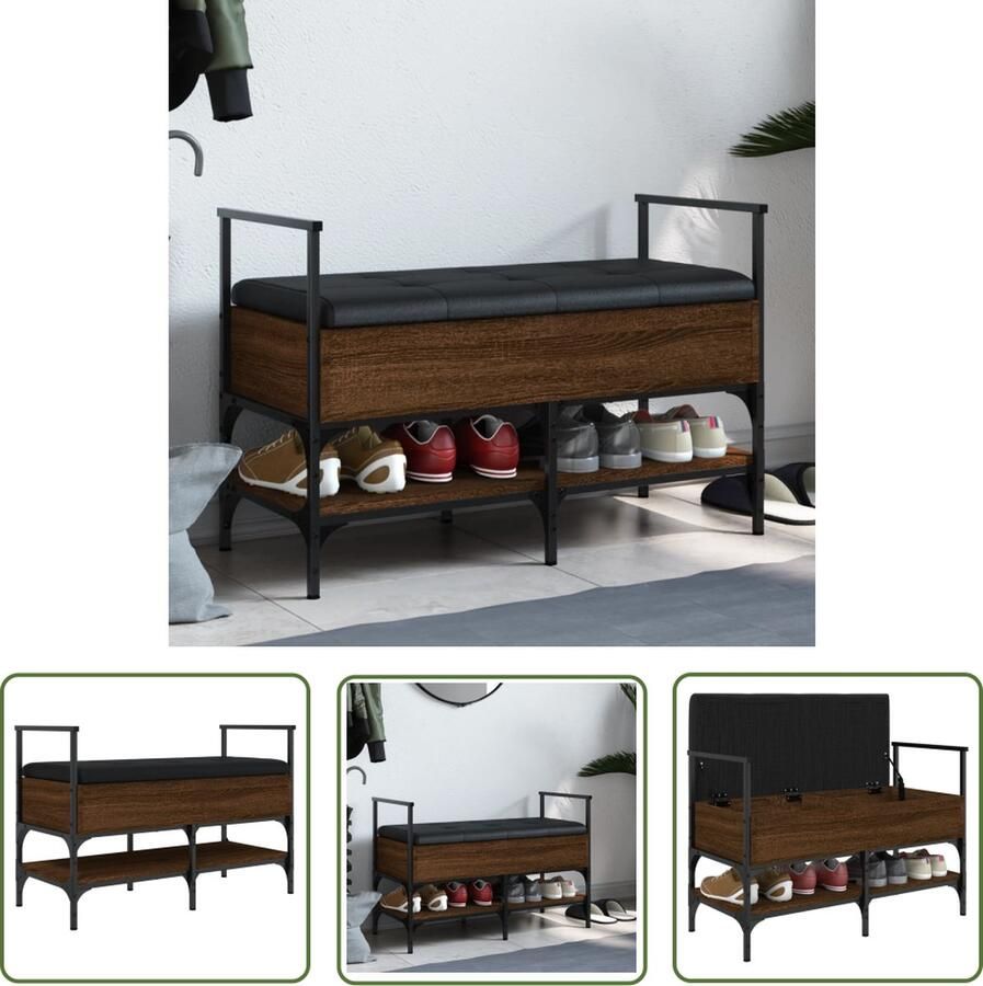 The Living Store Schoenenbank 85 5x42x57 5 cm bewerkt hout bruin eikenkleur Schoenenbank Vintage Houten Schoenenkast Entree Meubilair Bergruimte Schoenen Bankschikking