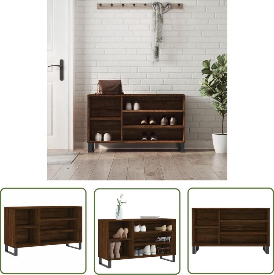 The Living Store Schoenenkast Elegante bruineiken schoenenopberger 102x36x60 cm Duurzaam bewerkt hout en metaal Schoenenkast Houten Schoenenkast Bruine Schoenenkast Schoenenopbergers Organisatie