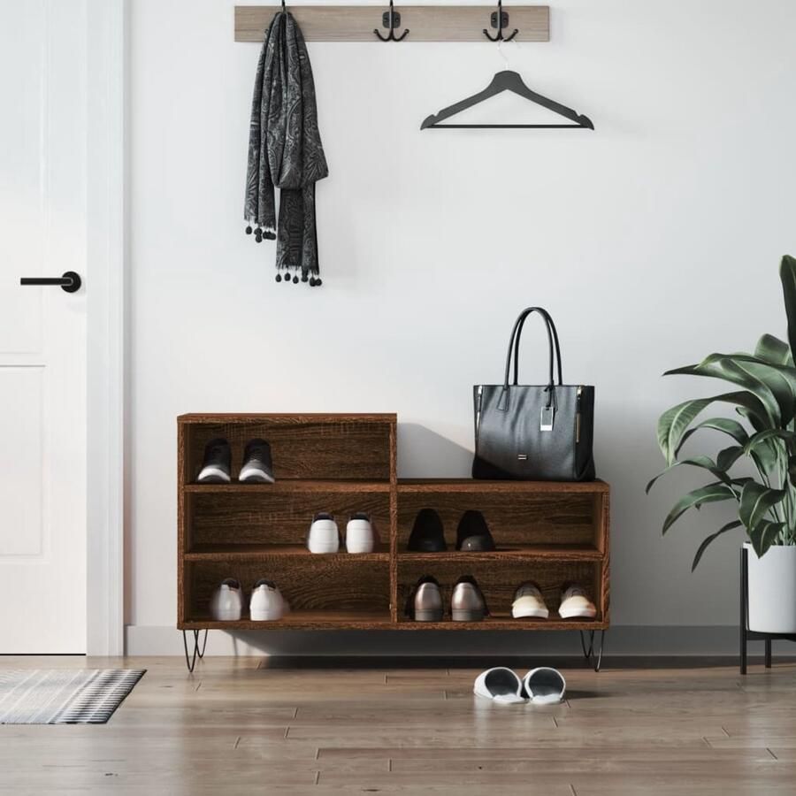 The Living Store Schoenenkast Bruineiken 102x36x60cm Duurzaam materiaal Voldoende opbergruimte Stevig blad Metalen poten Montage vereist Schoenenkast Houten Schoenenkast Bruine Schoenenkast Schoenen Opbergruimte Organisatie
