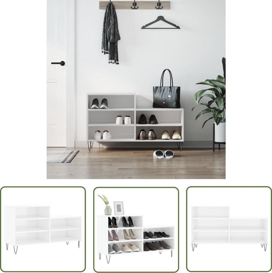 The Living Store Schoenenkast Bewerkt hout 102 x 36 x 60 cm Hoogglans wit Schoenenkast Houten Schoenenkast Witte Schoenenkast Schoenen Organisatie Opbergruimte - Foto 2