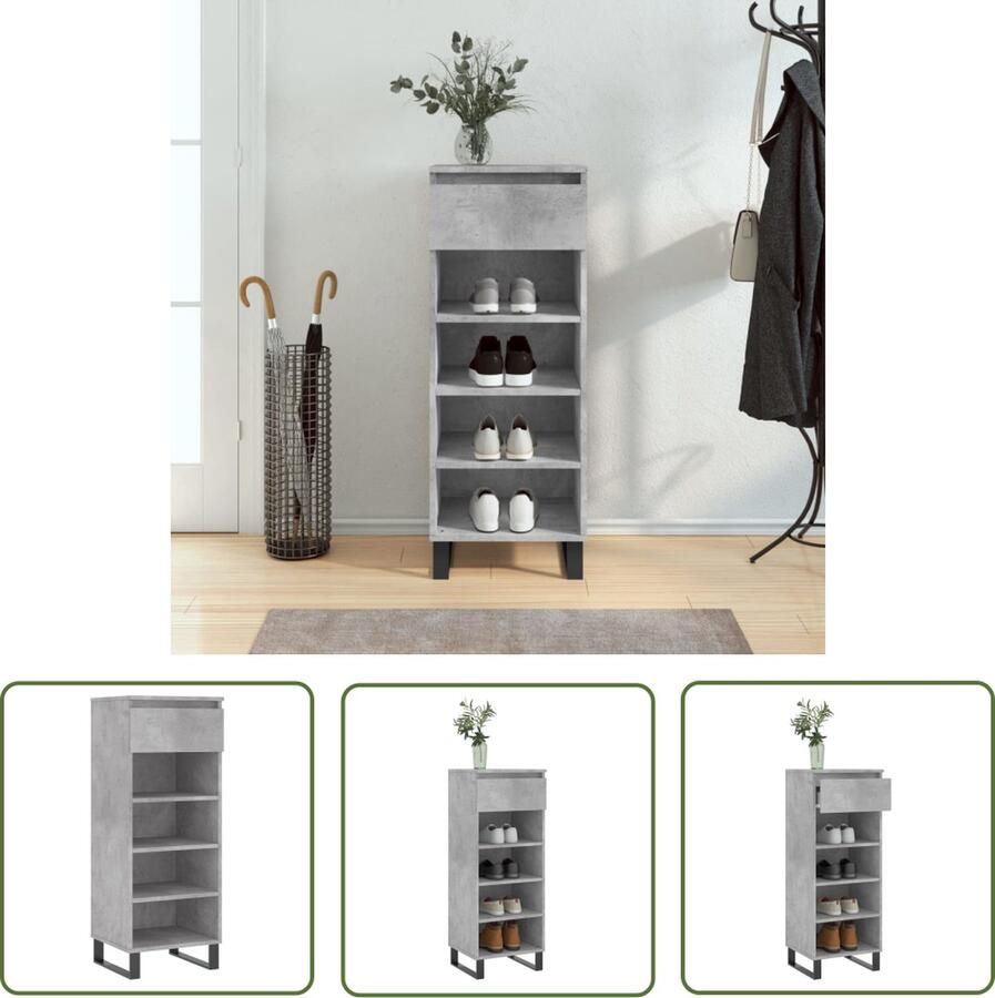 The Living Store Schoenenkast Betongrijs 40x36x105 cm Duurzaam bewerkt hout en metaal Schoenenkast Houten Schoenenkast Grijze Schoenenkast Schoenuitlegers Bergruimte
