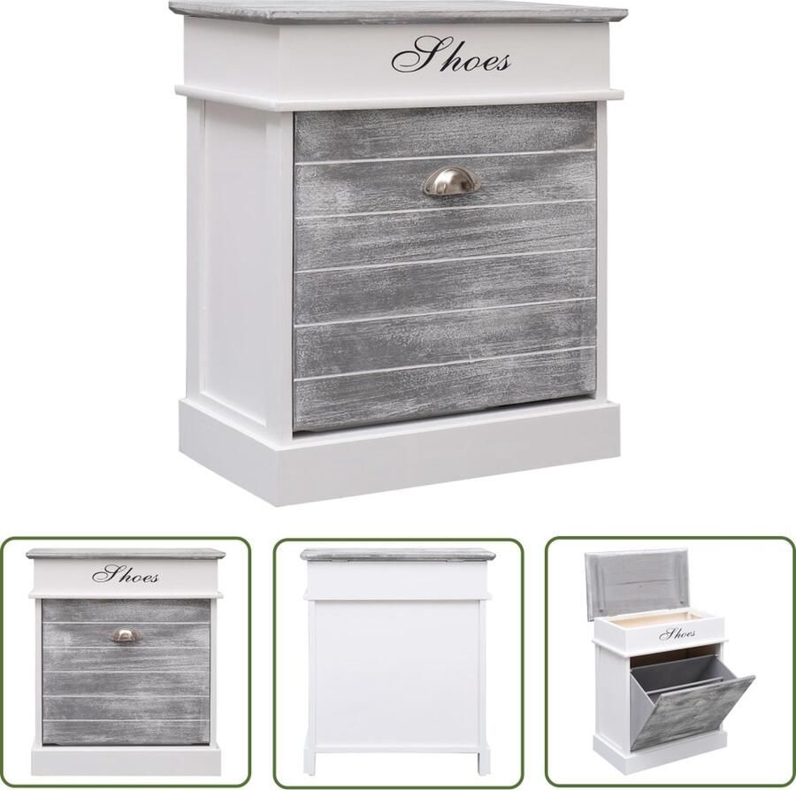 The Living Store Schoenenkast Paulowniahout 50x28x58 cm Grijs en wit Schoenenkast Houten Schoenenkast Paulownia Hout Grijze Schoenenkast Witte Schoenenkast - Foto 2