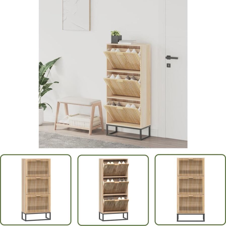 The Living Store Schoenenkast Duurzaam hout Voldoende opbergruimte Stabiele ijzeren poot Display functie 52x25x120 cm Schoenenkast Houten Schoenenkast Bruine Schoenenkast Opbergruimte Schoenuitzicht - Foto 2