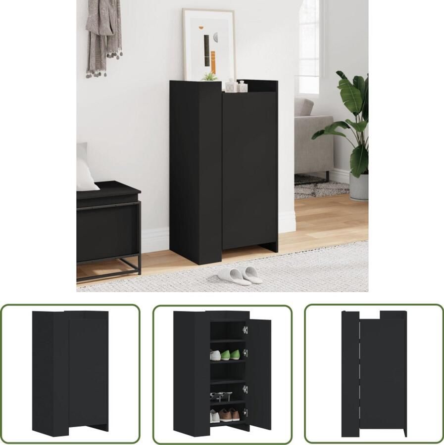 The Living Store Schoenenkast 52x37 5x100 cm bewerkt hout zwart Schoenenkast Houten Schoenenkast Zwarte Schoenenkast Compact Schoenenrek Opbergkast