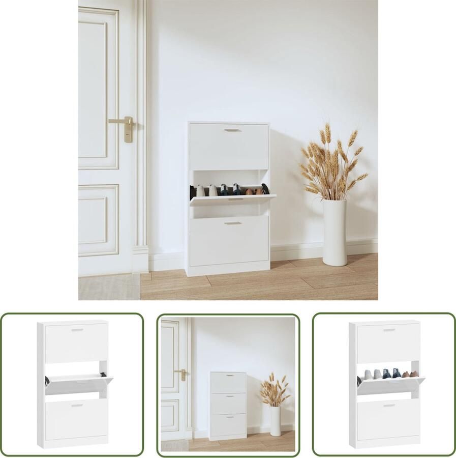 The Living Store Schoenenkast 3 lades 59 x 17 x 108 cm Hoogglans wit Bewerkt hout Schoenenkast Houten Schoenenkast Witte Schoenenkast Schoenenopbergkast Organisatiekasten - Foto 2