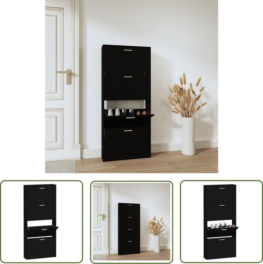 The Living Store Schoenenkast 59x17x150 cm bewerkt hout zwart Schoenenkast Houten Schoenenkast Moderne Schoenenkast Trendige Schoenenkast Entreebank - Foto 2