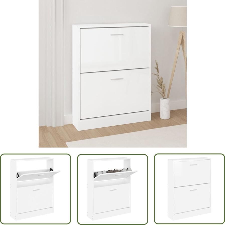 The Living Store Schoenenkast Modern en trendy design Hoogglans wit Bewerkt hout 59x17x81 cm 2 lades Schoenenkast Houten Schoenenkast Witte Schoenenkast Schoenen Opbergen Organisatie - Foto 2