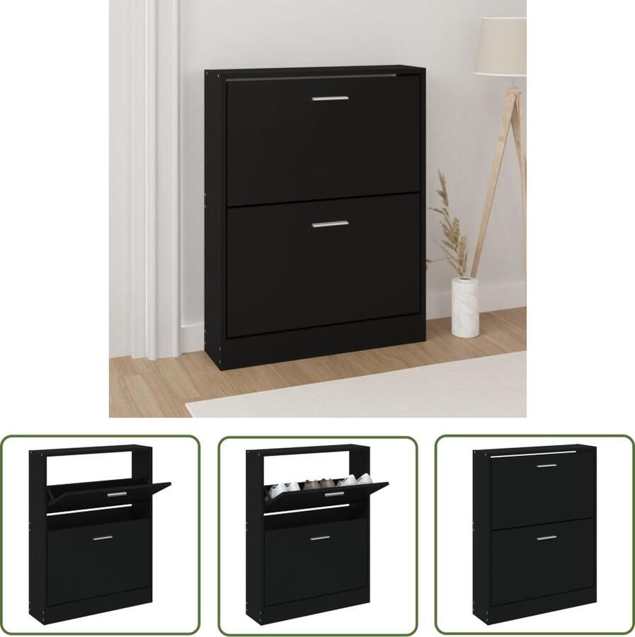 The Living Store Schoenenkast 59x17x81 cm bewerkt hout zwart Schoenenkast Houten Schoenenkast Zwarte Schoenenkast Compact Schoenenkast Entree Kast - Foto 2