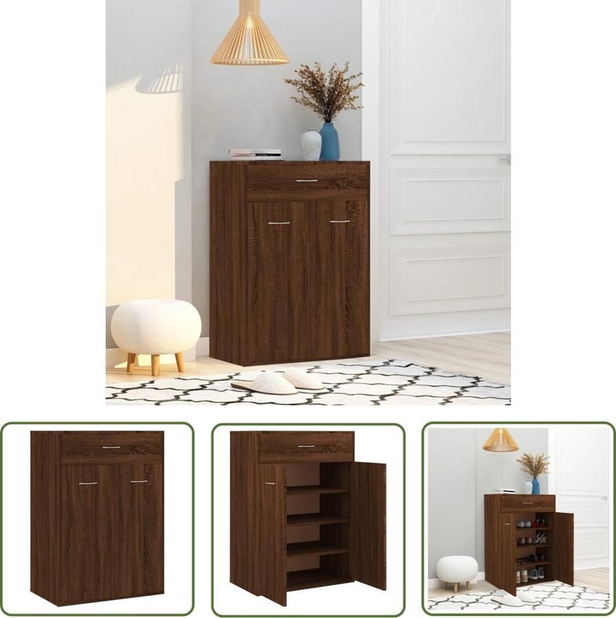 The Living Store Schoenenkast 60x35x84 cm bewerkt hout bruin eikenkleur Schoenenkast Houten Schoenenkast Bruine Schoenenkast Compacte Schoenenkast Opbergkasten - Foto 2