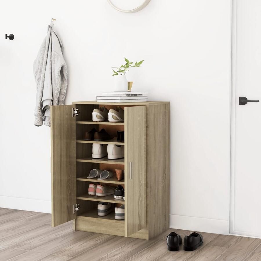 The Living Store Schoenenkast 60x35x92 cm bewerkt hout sonoma eikenkleurig Schoenenkast Houten Schoenenkast Schoenenopbergers Sonomaplank Bruine Schoenenkast